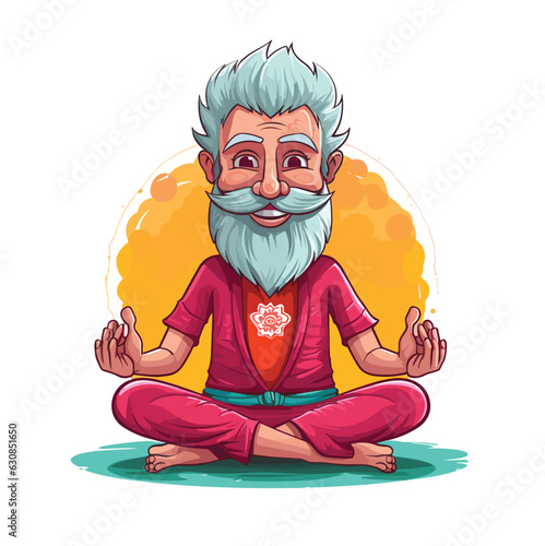 Yoga instructor cartoon illustration, yoga mascot character, Indian saint yoga guru, yoga teacher 