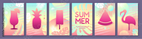 Set of fluorescent summer posters with silhouette. Vector illustration