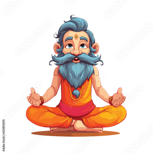 Yoga instructor cartoon illustration, yoga mascot character, Indian saint yoga guru, yoga teacher 