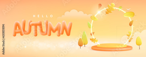 Hello Autumn background with 3D plastic stage, neon arch and autumn falling leaves. Vector illustration