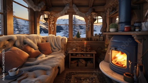 Interior of a tiny house offering a beautiful snowy landscape view.