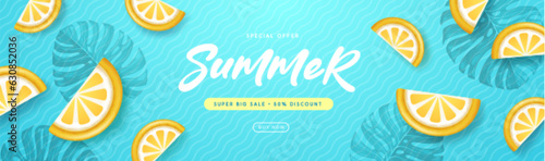 Top view summer big sale banner with tropic leaves and lemon. Summertime background. Vector illustration