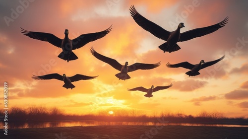 Stunning sunset with a flock of birds gracefully soaring through the sky