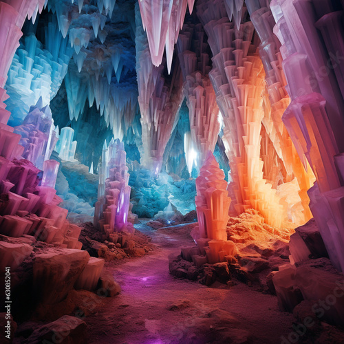 a very colorful ice cave with a light