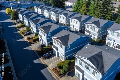 Drone view of a residential suburban area of small two-story multi-family condo apartments.