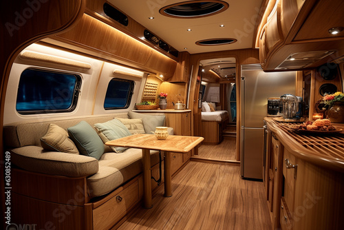 Tourist camper interior. Luxurious motorhome with kitchen and sofas. © serperm73