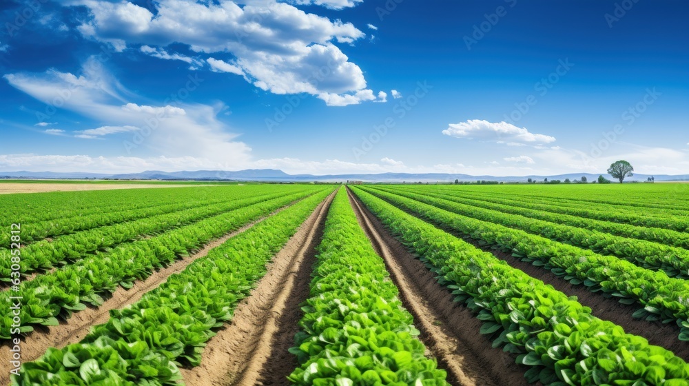 Vast green field with rows of crops under a clear blue sky on a farm
