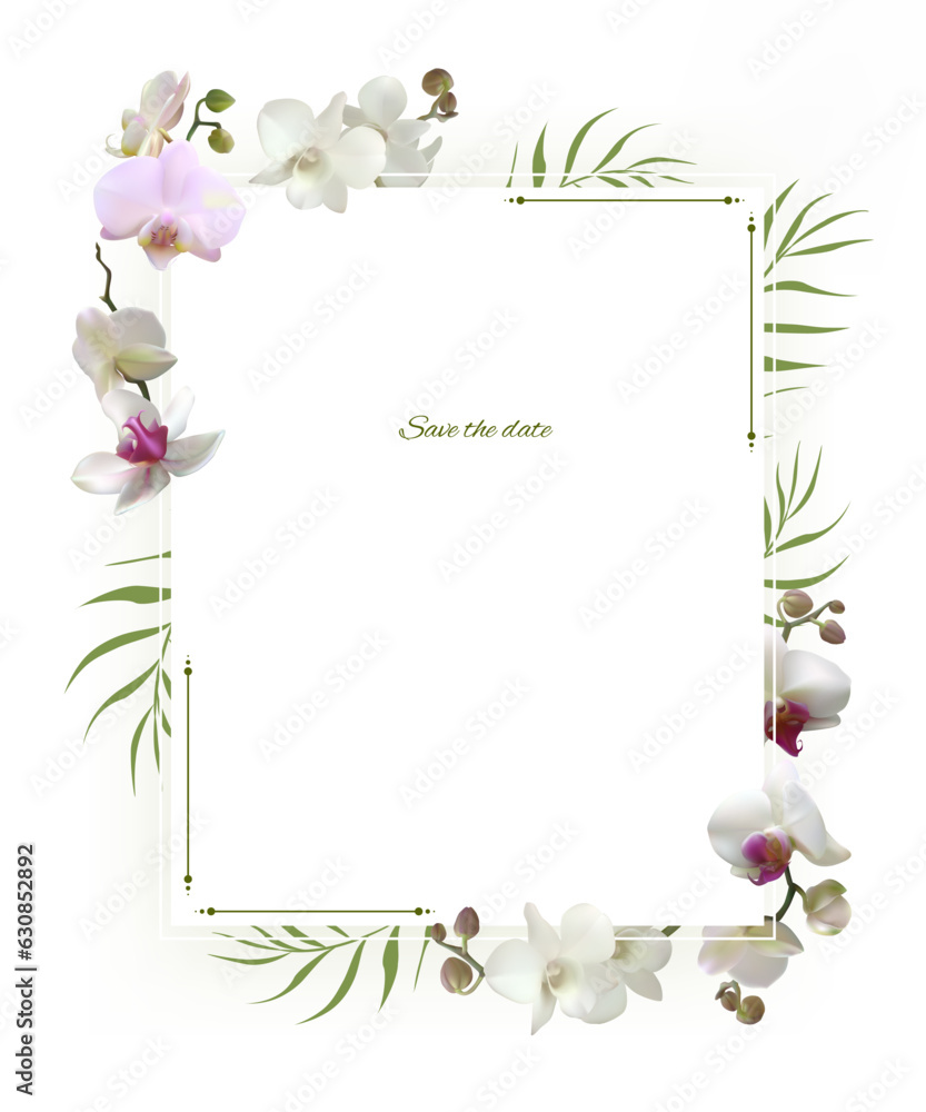 Orchid. White flower. Tropical plants. Floral background. Beautiful vector illustration of white and pink orchids. Square frame decorated with tropical, exotic flowers. Palm green leaves.