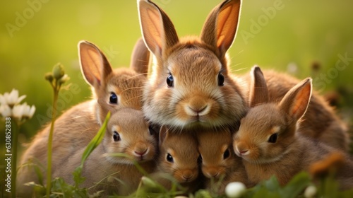 Group of rabbits peacefully grazing in a farm meadow