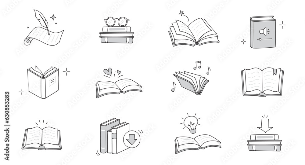 Book line doodle icon set. Hand drawn sketch doodle style line icon book, diary. Open library, reading, school education doodle concept icon. Blue pen line style stroke. Vector illustration. Book line doodle icon set. Hand drawn sketch doodle style line icon book, diary. Open library, reading, school education doodle concept icon. Blue pen line style stroke. Vector illustration.
