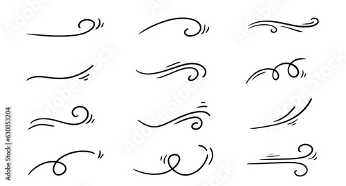 Doodle wind line sketch set. Hand drawn doodle wind motion, air blow, swirl elements. Sketch drawn air blow motion, smoke flow art, abstract line. Isolated vector illustration.