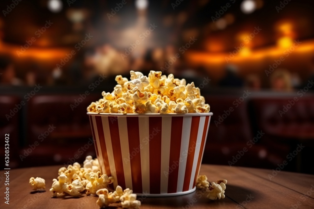 Popcorn in striped box on blurred background, closeup. Cinema snack. Copy space. Selective focus. Popcorn in striped box on blurred background, closeup. Cinema snack. Copy space. Selective focus.