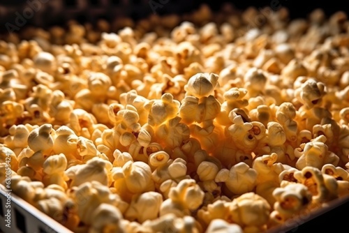 Popcorn in striped box on blurred background, closeup. Cinema snack. Copy space. Selective focus. photo