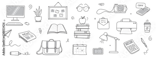 Office work doodle set. Office computer, work desk, notebook doodle icon. Hand drawn sketch style illustration. Business, school education hand drawn elements. Vector illustration.
