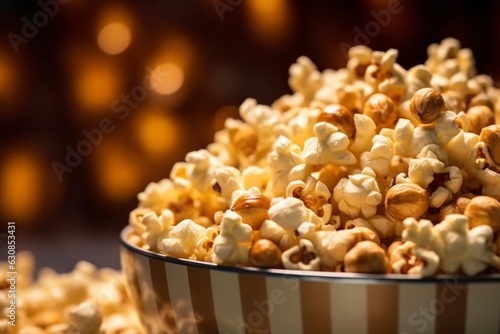 Popcorn in striped box on blurred background, closeup. Cinema snack. Copy space. Selective focus.