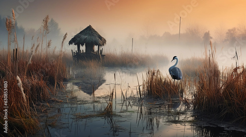 a birdwatching hideout in a wetland, various bird species like herons, ducks, and swans in the water, calm atmosphere, misty morning photo