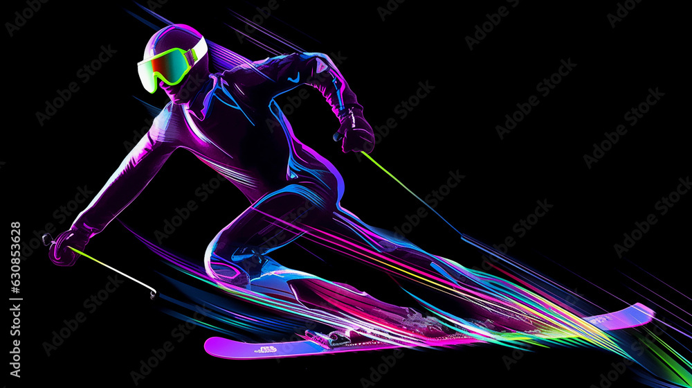Futuristic 3D render of a freestyle skier mid - jump, neon color trails following the motion, dark background, high contrast, glossy finish Futuristic 3D render of a freestyle skier mid - jump, neon color trails following the motion, dark background, high contrast, glossy finish