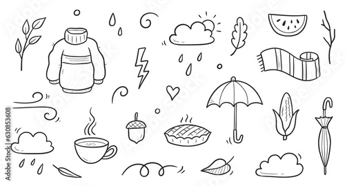 Autumn doodle vector set. Hand drawn doodle sketch style nature fall season, autumn icon background. Autumn falling leaves, wind season, umbrella sketch elements. Vector illustration.