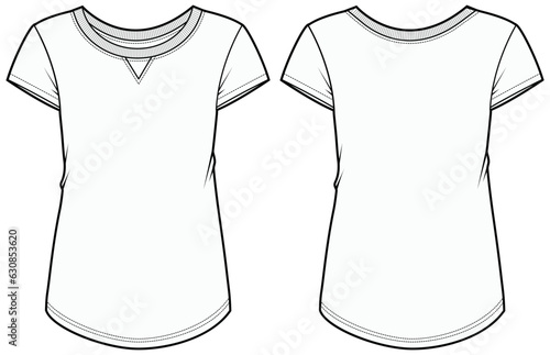 Women's Short sleeve Crew neck T Shirt flat sketch fashion illustration drawing template mock up with front and back view