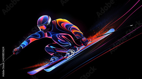 Futuristic 3D render of a freestyle skier mid - jump, neon color trails following the motion, dark background, high contrast, glossy finish