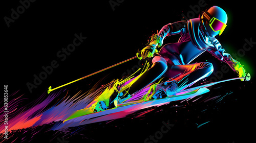 Futuristic 3D render of a freestyle skier mid - jump, neon color trails following the motion, dark background, high contrast, glossy finish