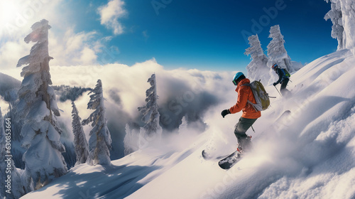 a group of snowboarders racing down a mountain, dense pine trees on the side, dramatic cloud - filled sky overhead, vibrant snow suits