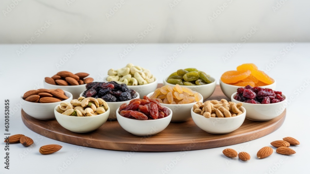 Rustic wooden tray filled with an assortment of delicious nuts in various bowls Rustic wooden tray filled with an assortment of delicious nuts in various bowls