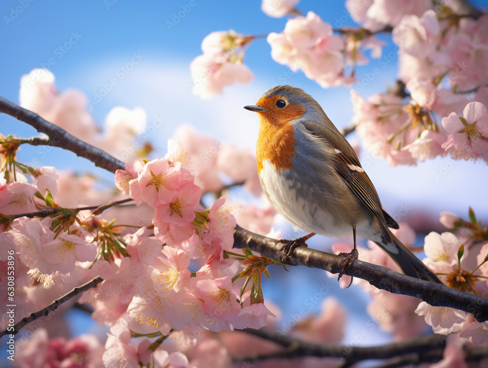 a robin perched on a cherry blossom tree, delicate pink petals falling, clear blue sky in the background, golden morning light casting soft shadows, crisp detail