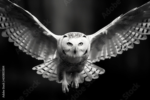 a snowy owl in flight, captured through a photographer's lens, highly detailed, black and white, emphasis on contrast and lighting