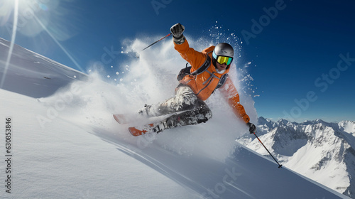 Fotografiet a professional skier in mid - jump, captured in 4K, powder snow flying off the s