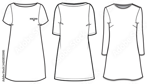 Women shift dress design flat sketch fashion illustration drawing with front and back view
