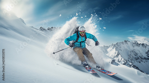a professional skier in mid - jump, captured in 4K, powder snow flying off the skis, bright, crisp day on a mountainside, focused and determined expression photo