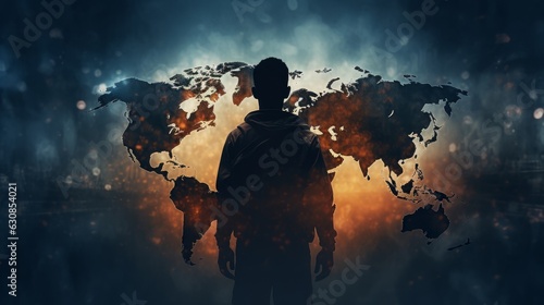 Man standing in front of a world map