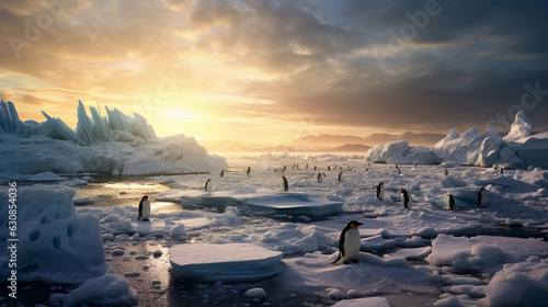 emperor penguin colony in the Antarctic, icebergs in the background, dramatic sky, chilling atmosphere, sharp detail