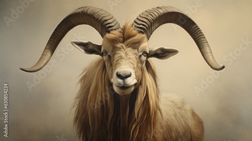 Majestic goat with long horns standing in a room
