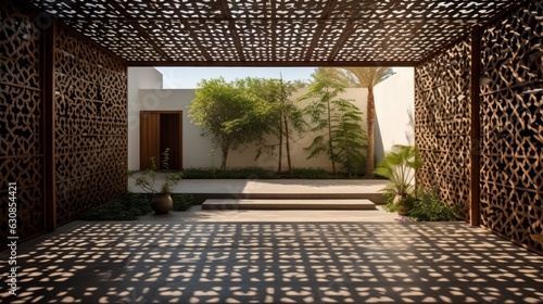Design of a traditional courtyard house with an intricate lattice roof.