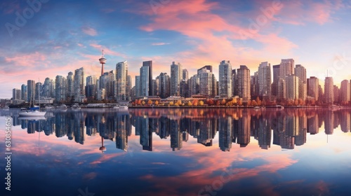 Waterfront skyline reflecting the dramatic clouds in the sky.