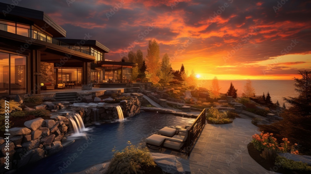 Fototapeta premium Stunning mansion with a majestic waterfall in the foreground