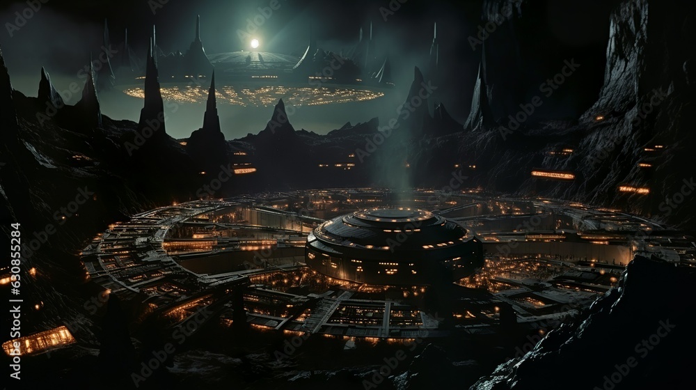 Dark sci-fi alien world city with dark spaceships and distant lights ...