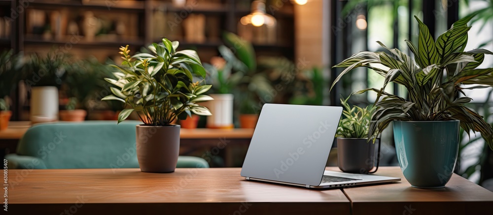 A portable workspace with a laptop, stationery, and a plant pot is seen on a table in a co-working space.