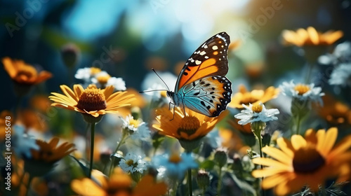 Beautiful butterfly among wild flowers  blurred background.