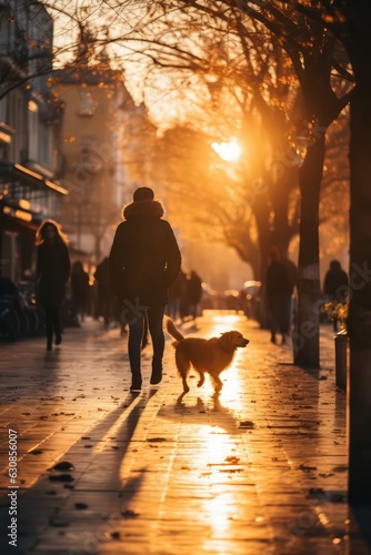 Dog walking in autumn city by Generative AI