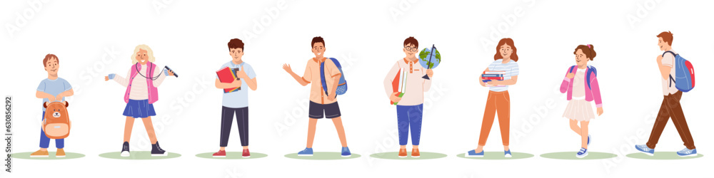 Set of cute kids wear uniform with backpack going to primary or secondary school Educational year beginnin Back to school Collection of funny pupils cartoon flat vector illustration isolated on white Set of cute kids wear uniform with backpack going to primary or secondary school Educational year beginnin Back to school Collection of funny pupils cartoon flat vector illustration isolated on white