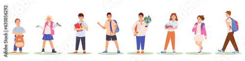 Set of cute kids wear uniform with backpack going to primary or secondary school Educational year beginnin Back to school Collection of funny pupils cartoon flat vector illustration isolated on white