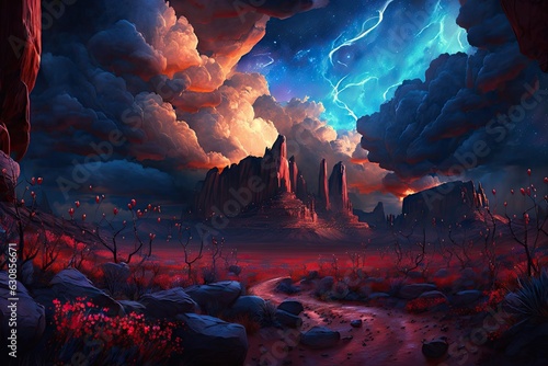 Fantasy landscape with mountains and stormy sky