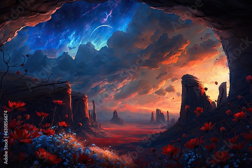 Fantasy landscape with red flowers in the cave