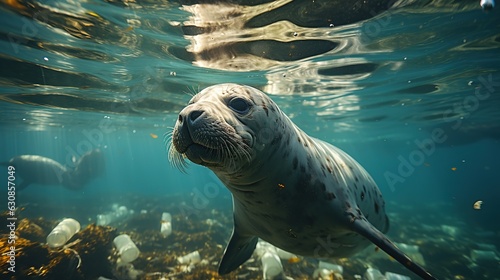 Sea ​​seal swims with a pile of plastic debris. ecological catastrophy