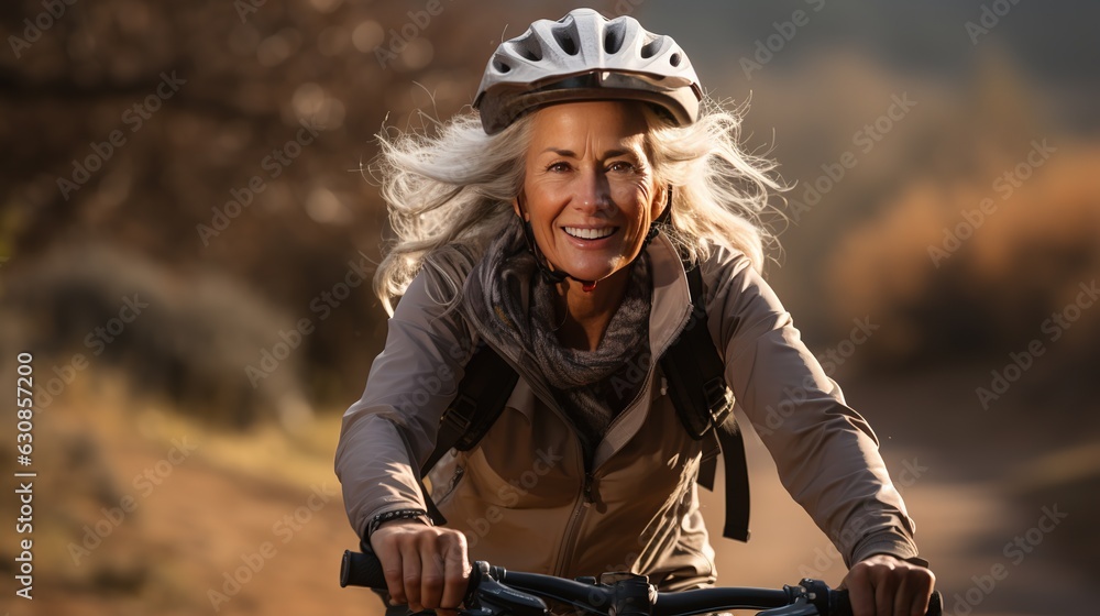 Old mature woman rides a bike path on a bike in a forest park. Active aging. Generative AI Old mature woman rides a bike path on a bike in a forest park. Active aging. Generative AI