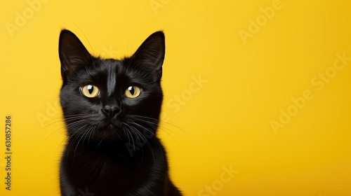 Black cat looks up on a yellow background. Generative AI © Natalia S.