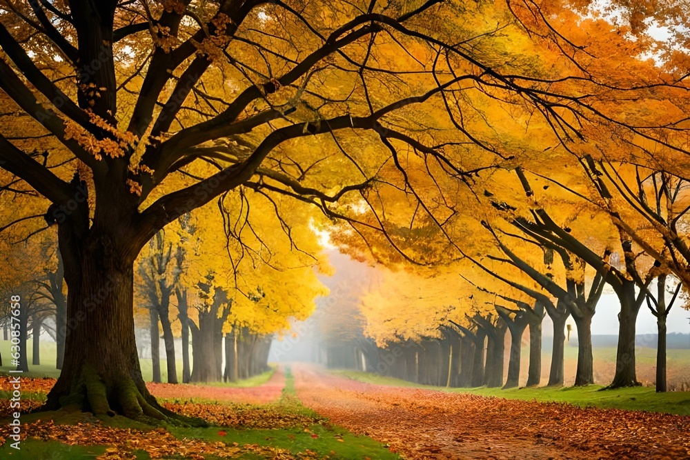 Fototapeta premium a gently sloping apple orchard blanketed in a mosaic of vibrant foliage - AI Generative